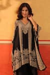 Surkh Syahi_Black Crepe Embroidery V-neck Pandora Kaftan Set _at_Aza_Fashions