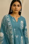 Thee Modern Roots_Blue Cotton, Cambric Beads Split V-neck Printed Kurta Set _at_Aza_Fashions