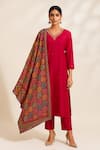 Thee Modern Roots_Fuchsia Viscose, Silk Embroidery V-neck Printed Kurta Set _at_Aza_Fashions