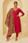 Buy_Thee Modern Roots_Fuchsia Viscose, Silk Embroidery V-neck Printed Kurta Set 