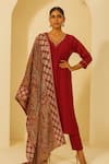 Buy_Thee Modern Roots_Red Viscose, Silk Embroidery, Sequins V-neck Printed Dupatta And Kurta Set _at_Aza_Fashions