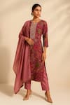 Thee Modern Roots_Wine Viscose, Silk Zari Round Neck Printed Kurta Set _Online_at_Aza_Fashions