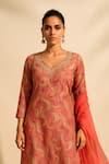 Shop_Thee Modern Roots_Peach Bemberg, Muslin Embroidery, Mirrors V-neck Printed Kurta Set _Online_at_Aza_Fashions