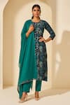Buy_Thee Modern Roots_Teal Bemberg, Muslin Embroidery, Sequins Round Neck Fern Printed Kurta Set _at_Aza_Fashions