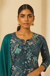 Thee Modern Roots_Teal Bemberg, Muslin Embroidery, Sequins Round Neck Fern Printed Kurta Set _Online_at_Aza_Fashions