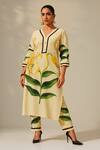Buy_Thee Modern Roots_Cream Cotton, Cambric Lace Split V-neck Lily Leher Printed Kurta Set _at_Aza_Fashions