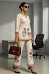 Buy_Thee Modern Roots_Beige Cotton Sequins V-neck Floral Print Kurta With Pant _at_Aza_Fashions
