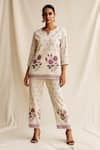 Thee Modern Roots_Beige Cotton Sequins V-neck Floral Print Kurta With Pant _Online_at_Aza_Fashions