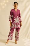 Buy_Thee Modern Roots_Lilac Cotton, Cambric Embroidery Split V-neck Palmira Printed Kurta With Pant _Online_at_Aza_Fashions