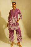 Buy_Thee Modern Roots_Lilac Cotton, Cambric Embroidery Split V-neck Palmira Printed Kurta With Pant _at_Aza_Fashions
