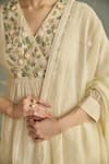 Shop_Kritika Dawar_Ivory Chanderi, Cotton Embroidery V-neck Aria 3d Flower Kurta Set _Online_at_Aza_Fashions