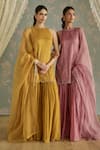 Shop_Kritika Dawar_Mustard Chanderi, Organza Pearls, Embroidery Halter Ira Hand Gharara Set 