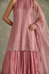 Shop_Kritika Dawar_Blush Chanderi, Organza Pearls Halter Ira Hand Embroidered Kurta Gharara Set 