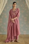 Shop_Kritika Dawar_Blush Chanderi, Cotton Embroidery V-neck Zella Hand Kurta Set _Online_at_Aza_Fashions