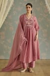 Buy_Kritika Dawar_Blush Chanderi, Cotton Embroidery V-neck Zella Hand Kurta Set _at_Aza_Fashions