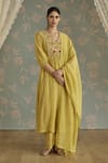 Kritika Dawar_Yellow Chanderi, Cotton Embroidery V-neck Zella Hand Kurta Set _Online_at_Aza_Fashions