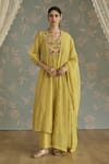 Buy_Kritika Dawar_Yellow Chanderi, Cotton Embroidery V-neck Zella Hand Kurta Set _at_Aza_Fashions