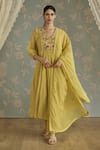Shop_Kritika Dawar_Yellow Chanderi, Cotton Embroidery V-neck Zella Hand Kurta Set _Online_at_Aza_Fashions