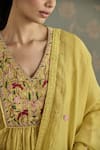 Kritika Dawar_Yellow Chanderi, Cotton Embroidery V-neck Zella Hand Kurta Set _at_Aza_Fashions