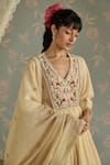 Shop_Kritika Dawar_Ivory Chanderi, Cotton Embroidery V-neck Zella Hand Kurta Set _Online_at_Aza_Fashions