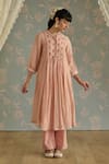 Kritika Dawar_Pink Chanderi, Cotton Beads, Lace Round Neck Maira Embroidered Kurta Set _Online_at_Aza_Fashions