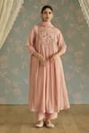 Buy_Kritika Dawar_Pink Chanderi, Cotton Beads, Lace Round Fiza Handwoven Embroidered Kurta Set _at_Aza_Fashions