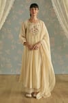 Buy_Kritika Dawar_Ivory Chanderi, Cotton Beads, Lace Round Naaz Handwoven Embroidered Kurta Set _at_Aza_Fashions