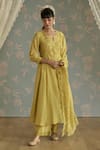 Buy_Kritika Dawar_Yellow Chanderi, Cotton Embroidery Split V-neck Nora Dori A-line Kurta Set _at_Aza_Fashions