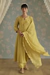 Buy_Kritika Dawar_Yellow Chanderi, Cotton Embroidery Split V-neck Nora Dori A-line Kurta Set _Online_at_Aza_Fashions