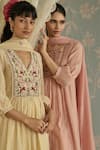 Shop_Kritika Dawar_Yellow Chanderi, Cotton Embroidery Split V-neck Nora Dori A-line Kurta Set _Online_at_Aza_Fashions