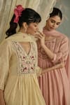 Buy_Kritika Dawar_Yellow Chanderi, Cotton Embroidery Split V-neck Nora Dori A-line Kurta Set 