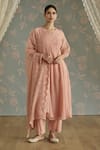 Buy_Kritika Dawar_Pink Chanderi, Cotton Lace Notched Neck Nora Dori Embroidered A-line Kurta Set _at_Aza_Fashions