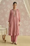 Buy_Kritika Dawar_Blush Chanderi, Cotton Beads, Embroidery Round Neck Zehra Bird Kurta Set _at_Aza_Fashions