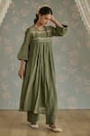 Kritika Dawar_Green Chanderi Embroidery, Lace Round Neck Rosa Self Stripe Floral Pattern Kurta _Online_at_Aza_Fashions