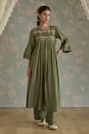 Buy_Kritika Dawar_Green Chanderi Embroidery, Lace Round Neck Rosa Self Stripe Floral Pattern Kurta _Online_at_Aza_Fashions