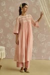 Buy_Kritika Dawar_Pink Chanderi Embroidery, Lace Round Neck Rosa Self Stripe Floral Pattern Tunic _at_Aza_Fashions