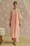 Buy_Kritika Dawar_Pink Chanderi Embroidery, Lace Round Neck Rosa Self Stripe Floral Pattern Tunic _Online_at_Aza_Fashions