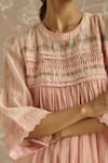 Kritika Dawar_Pink Chanderi Embroidery, Lace Round Neck Rosa Self Stripe Floral Pattern Tunic _at_Aza_Fashions