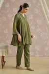 Kritika Dawar_Teal Tissue, Chanderi Sequins Split V-neck Zaina Hand Embroidered Kurta Set _Online_at_Aza_Fashions