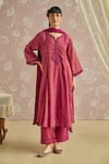 Buy_Kritika Dawar_Magenta Tissue, Silk Embroidery Round Neck Tara Hand Kurta Set _at_Aza_Fashions