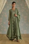 Buy_Kritika Dawar_Green Chanderi, Cotton Embroidery Round Neck Nera Floral A-line Kurta Set _at_Aza_Fashions