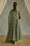 Kritika Dawar_Green Chanderi, Cotton Embroidery Round Neck Nera Floral A-line Kurta Set _Online_at_Aza_Fashions