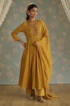 Buy_Kritika Dawar_Mustard Chanderi, Cotton Embroidery, Lace V-neck Saira Hand A-line Kurta Set _Online_at_Aza_Fashions