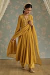 Shop_Kritika Dawar_Mustard Chanderi, Cotton Embroidery, Lace V-neck Saira Hand A-line Kurta Set _Online_at_Aza_Fashions