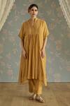 Buy_Kritika Dawar_Yellow Chanderi, Cotton Embroidery Mandarin Collar Ayat Hand Kaftaan Set _at_Aza_Fashions