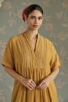 Kritika Dawar_Yellow Chanderi, Cotton Embroidery Mandarin Collar Ayat Hand Kaftaan Set _Online_at_Aza_Fashions