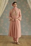Buy_Kritika Dawar_Pink Chanderi, Cotton Embroidery Round Neck Sairah Kota Hand Kurta Set _at_Aza_Fashions