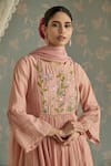 Shop_Kritika Dawar_Pink Chanderi, Cotton Embroidery Round Neck Sairah Kota Hand Kurta Set _Online_at_Aza_Fashions