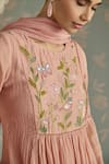 Kritika Dawar_Pink Chanderi, Cotton Embroidery Round Neck Sairah Kota Hand Kurta Set _at_Aza_Fashions