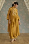 Buy_Kritika Dawar_Mustard Chanderi, Cotton Embroidery Round Neck Sairah Kota Hand Kurta Set _Online_at_Aza_Fashions